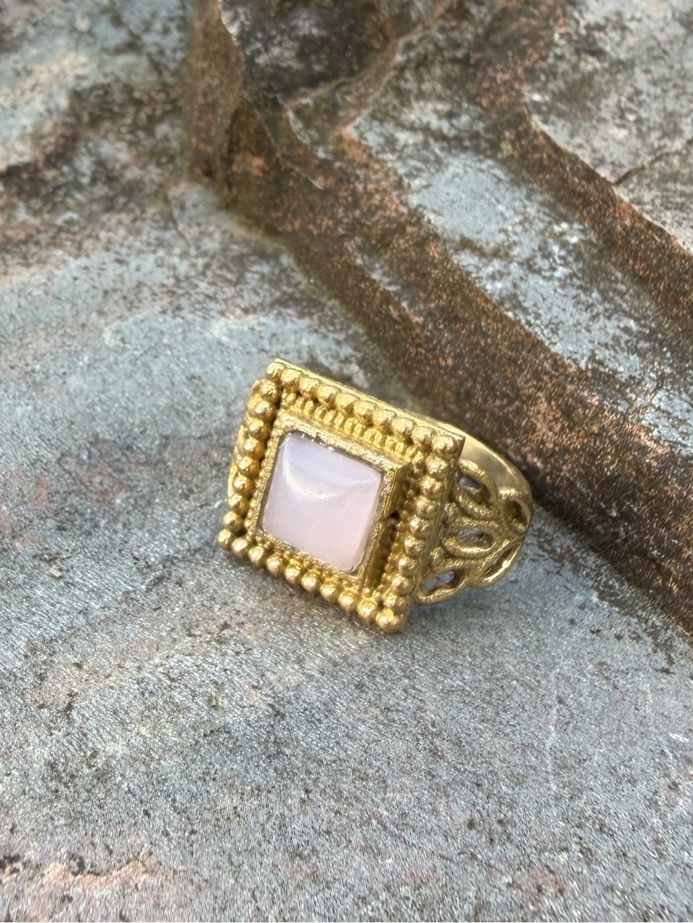 Genuine Rose Quartz Square Gemstone Gold Plate Stone Pinky Ring 5.5
